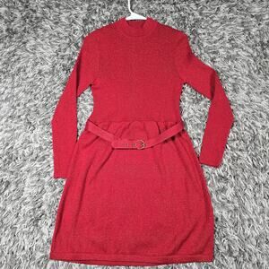 Free People Sweater Dress Womens Medium Red Belted Knit Long Sleeve Sparkle